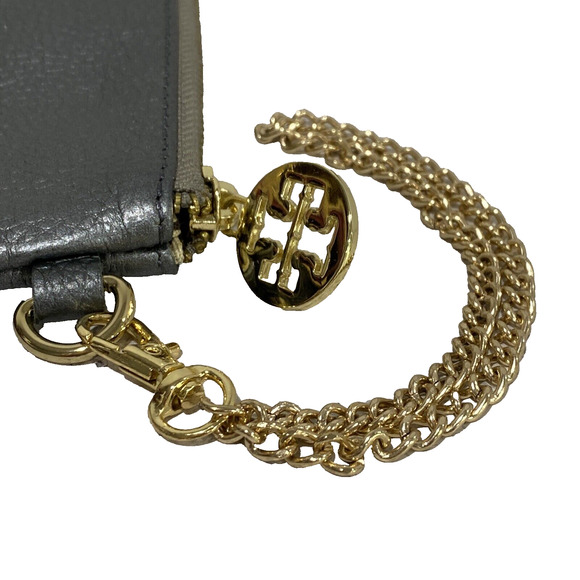 Tory Burch Silvery Gray Metallic Leather Wristlet Wallet Pouch Detachable Chain - Picture 3 of 8